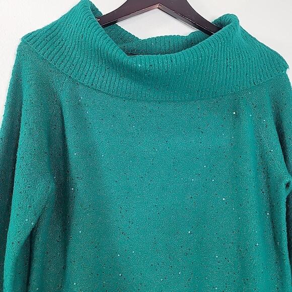 Cato Women’s Medium Sparkle Cowl Neck Sweater Teal Green 3/4 Sleeve Soft Knit - Picture 4 of 8
